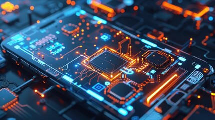 Fototapeta premium Close-up of a futuristic smartphone motherboard with glowing circuits, depicting advanced technology and innovation.
