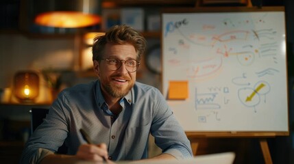 Confident man with glasses smiling and writing on a whiteboard with business ideas and plans
