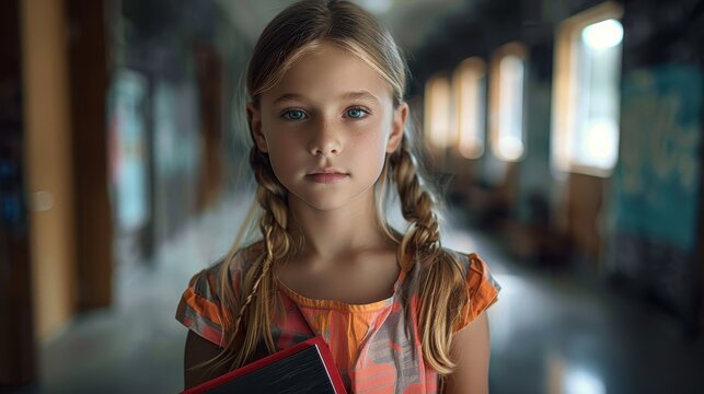 Captive young girl with a book, standing in a school corridor, representing the importance of education