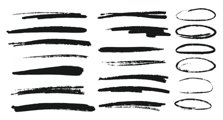 Highlighter collection, brush lines, isolated in white background. Marker yellow set, brush pen hand drawn underline. Vector highlighter graphic stylish element.