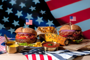 Patriotic traditional foods of the 4th of July include, hamburgers, fried potatoes, french fries, ...