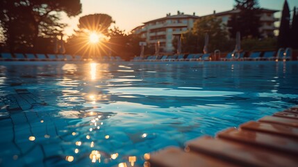 An empty swimming pool in the early morning light, with clear blue water and reflections of surrounding buildings and trees. creating an atmosphere of calmness and serenity.