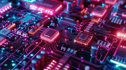 Obraz premium Close-up of a illuminated circuit board with various electronic components, highlighting the technology and complexity of modern hardware.