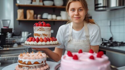 A baker in a kitchen displays a freshly made cake adorned with strawberries and cream, representing culinary skill and artistry