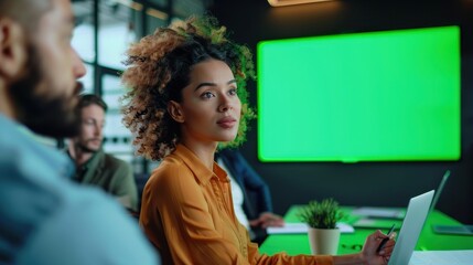 A curly-haired woman works on a laptop with a green screen in the background, in a contemporary office