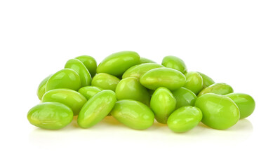 Green soy beans seeds on white background.
