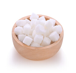White sugar cubes in wooden bowl isolated on white background