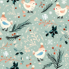 Cute Christmas ornament with hand drawn birds, berries and pine. Winter seamless pattern