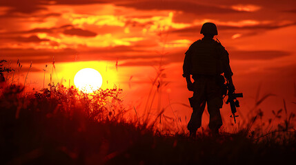 Obraz premium A soldier's silhouette against a fiery sunset, symbolizing resilience.