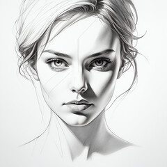 Black and white digital art depiction of a young woman with short, tousled hair.