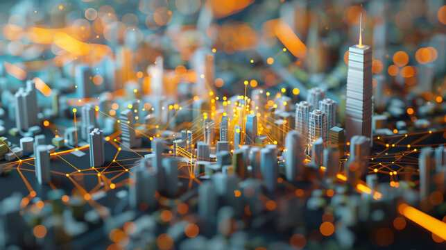 An abstract image visual of a modern city diorama based on a wireless sensor network, nodes and a connecting line. Small scale model. 
