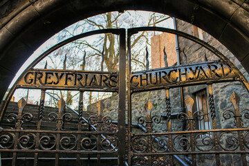 Edinburgh, Scotland. Entrance fence gate to Greyfriars Kirkyard, the graveyard surrounding...