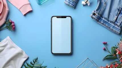 Stylized Flatlay with Smartphone and Fashion Accessories on Blue and Pink Background