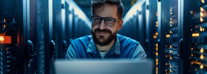 Obraz premium server engineer happy laptop in the datacenter, in the style of formalist aesthetics, light white