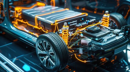 Fototapeta premium Close-up view of an electric vehicle chassis showcasing the battery, electric motor, and advanced wiring system in a futuristic setting.