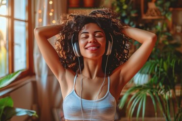 Naklejka premium woman; dancing; home; headphones; music; enjoyment; living room; lifestyle; relaxation; young adult; indoor; happiness; comfortable; cozy interior; houseplant; wellness; freedom; cheerful