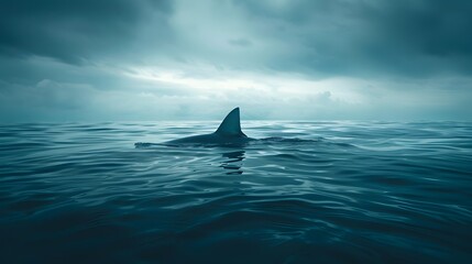 Fototapeta premium A shark fin is seen above the water surface, a sense of danger and fear in an ocean setting.
