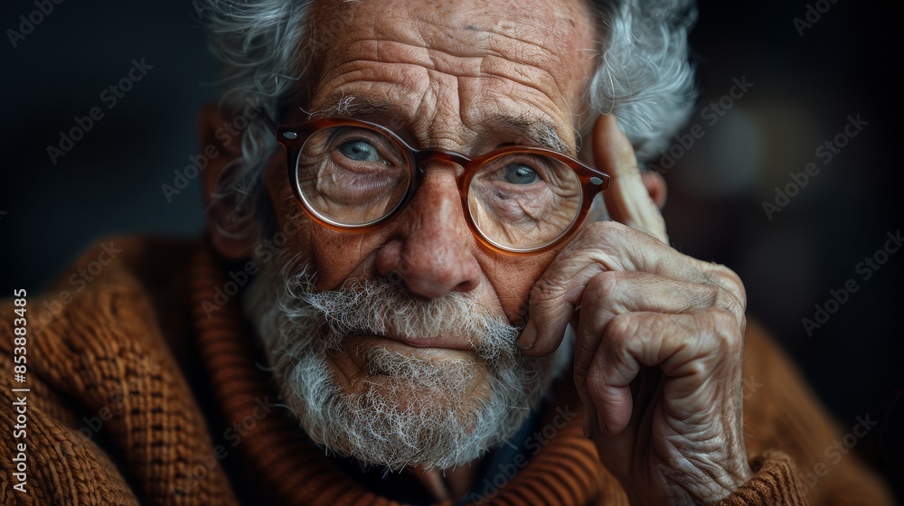 Canvas Prints  A wise elderly philosopher with gray hair and glasses, looking thoughtfully at the camera. 