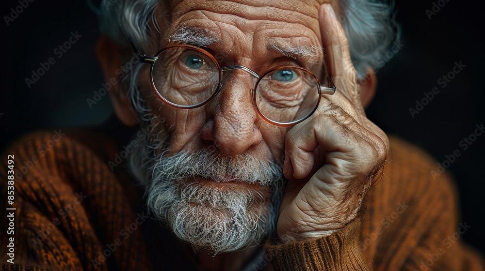 Poster  A wise elderly philosopher with gray hair and glasses, looking thoughtfully at the camera. 