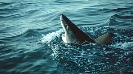 A shark fin is seen above the water surface, a sense of danger and fear in an ocean setting.