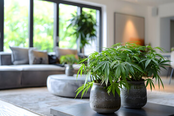 A detailed image of a modern living room with minimalist furniture and large cannabis plants in decorative pots, creating a serene and stylish atmosphere 