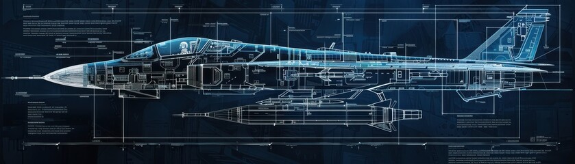Detailed blueprint of a modern aircraft showcasing technical specifications and intricate design elements against a dark background.