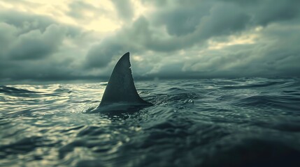 A shark fin is seen above the water surface, a sense of danger and fear in an ocean setting.