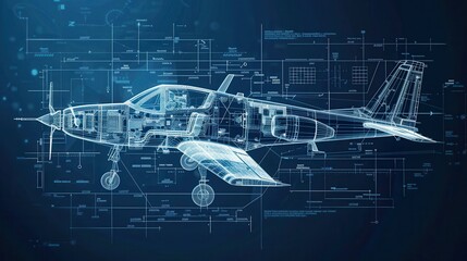 Detailed technical blueprint of an airplane showcasing intricate design and engineering on a dark blue background.