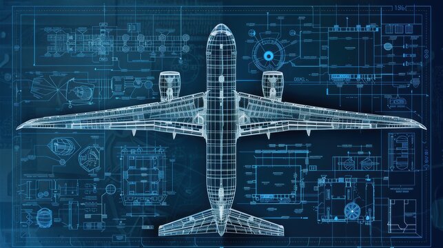 Detailed blueprint of an airplane showcasing intricate engineering design and technical schematics on a blue background.