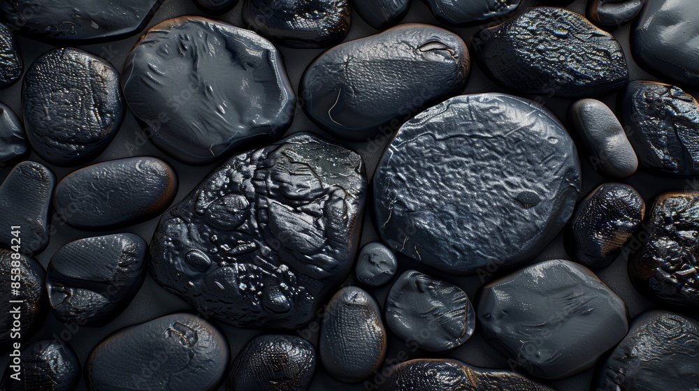 Poster various rounded black stones worn smooth by the action of time, arranged naturally with subtle varia