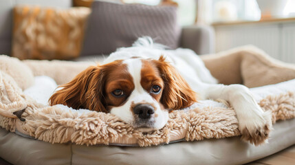 Adorable Dog Relaxing on Cozy Bed at Home