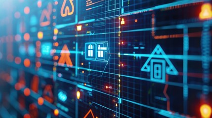 Digital grid interface with abstract futuristic icons and technology symbols, representing communication and network connectivity.