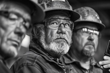 Fototapeta premium Three workers in hard hats with cell phones
