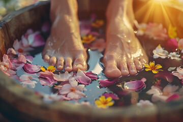 A detailed image of a woman&rsquo;s feet soaking in a wooden basin filled with water and flower petals, preparing for a pedicure