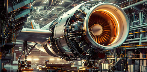 Hyper-realistic scene: Aircraft engine maintenance in hangar pr essional setting clear focus.