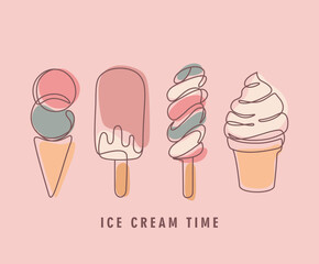 ice cream card with hand drawn ice cream in line art style and text, isolated vector illustration on pink background, template for wallpaper,banner,greeting cards,poster