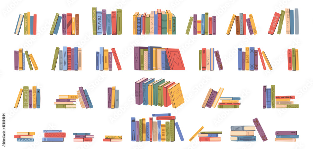 Aufkleber stacks and rows of books for reading, pile of textbooks for education. vector set of literature and 