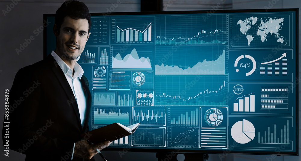 Poster data analysis for business and finance concept. interface showing future computer technology of prof