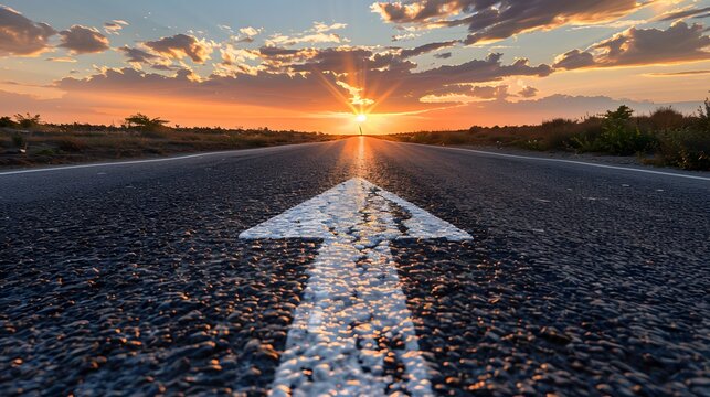 A straight road leading into the distance with an arrow pointing forward, symbolizing progress and future possibilities, set against a backdrop of sunset or sunrise sky.