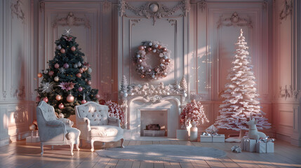 Obraz premium Beautiful festive Christmas interior in pastel colors with a New Year tree. AI Generated