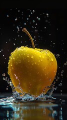 A yellow apple, a juicy yellow apple, a lot of splattered juice, a simple clean black background
