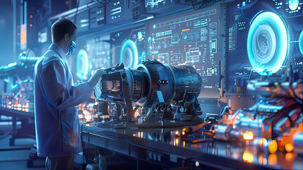 Hyper-realistic scene: Engineer on high-tech robotic line for aerospace engine production using modern graphical interface innovative technology.