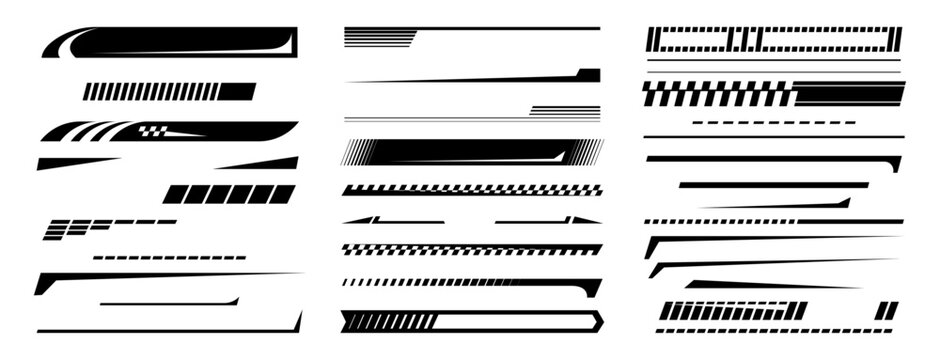 Sports racing stripes. Vector isolated set of sports car, moto, boat stickers, striped vehicle tuning bars. Tuning racing sport decals with copy space and dashes. Modern modification decor