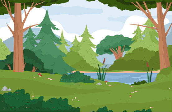 Mountain lake landscape with reeds, biodiversity of flora in temperate woods. Vector panorama of woodland. Forest with various trees and bushes. Meadow with flowers, stones and mushrooms