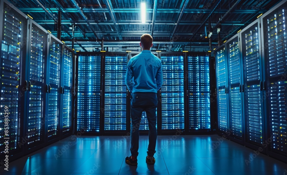 Poster datacenter with server racks. a man standing in front of the racks.