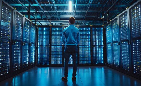 datacenter with server racks. a man standing in front of the racks. - Powered by Adobe