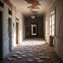Vintage Decay Abandoned White Plaster Hallway and Brick Library