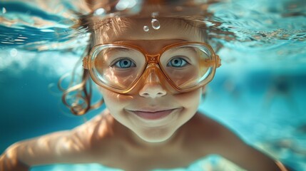 Fototapeta premium Cute child snorkeling in the swimming pool, underwater perspective, blue water in the swimming pool