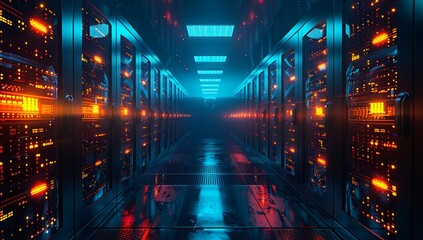 servers in a modern data center, in dark blue style