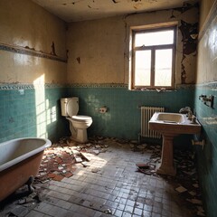 Vintage Rustic Tiles Abandoned Bathroom in Decay